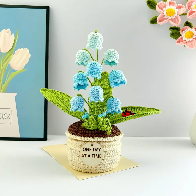 Blue Handmade Crochet Lily of the Valley Potted Plant - Gradient Blue Flower Decor Gift