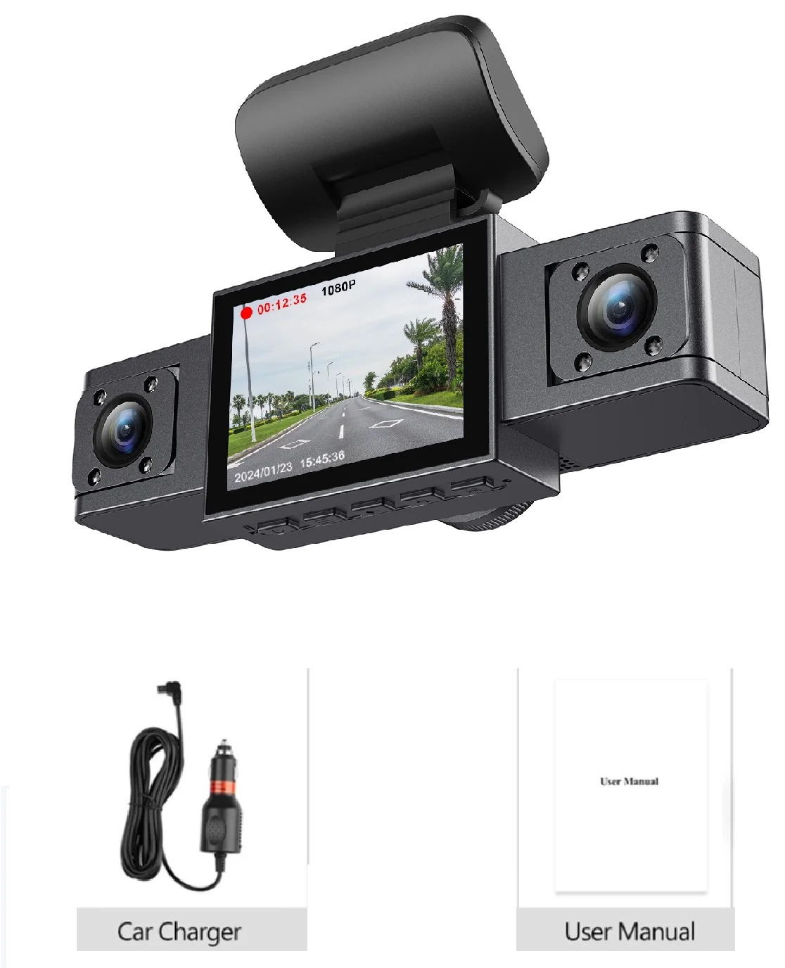 3-Inch HD 1080P Dash Cam - Front, Rear, and Left Recording, 19x12x8cm