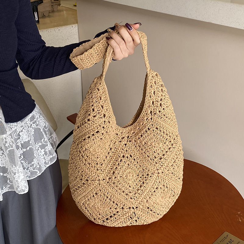 Khaki Flower-Patterned Cotton Crochet Tote Bag - Beach and Commute Essential