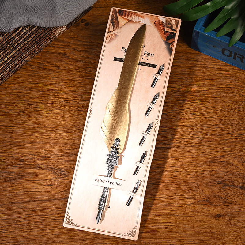 Sword Plume Gold European Dip Feather Quill Pen Set - 2-Piece Retro Business Gift Box with 5 Nib Sizes