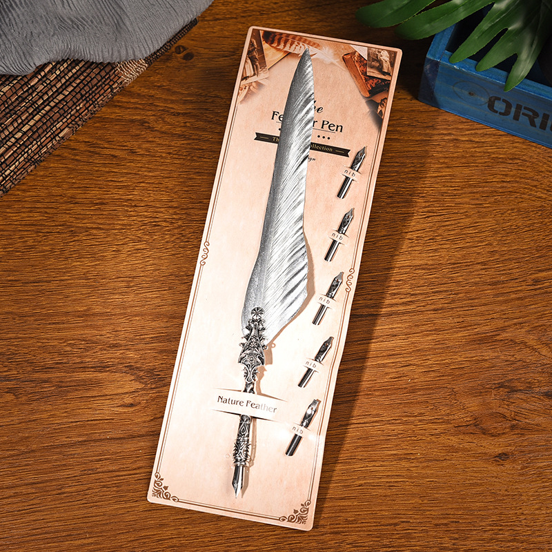 Sword Plume Silver European Dip Feather Quill Pen Set - 2-Piece Retro Business Gift Box with 5 Nib Sizes
