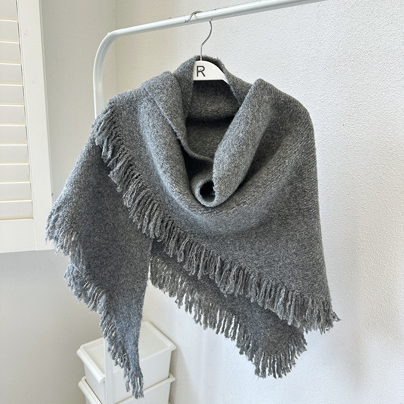 Grey Versatile Fringed Faux Wool Triangle Shawl - Warm Knitted Scarf