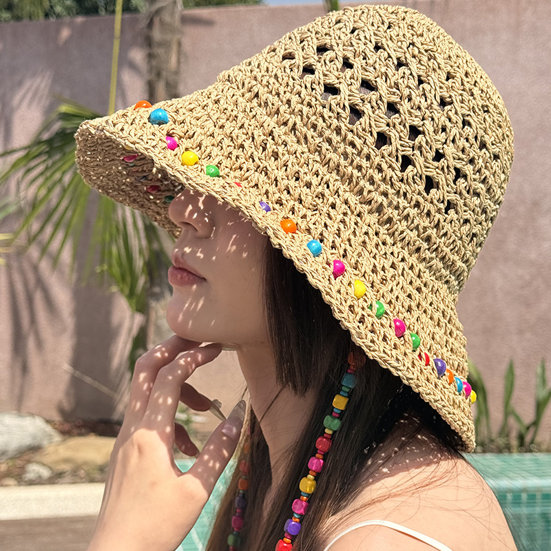 Khaki Colorful Wooden Bead Straw Hat for Women - Large Brim Sun Protection