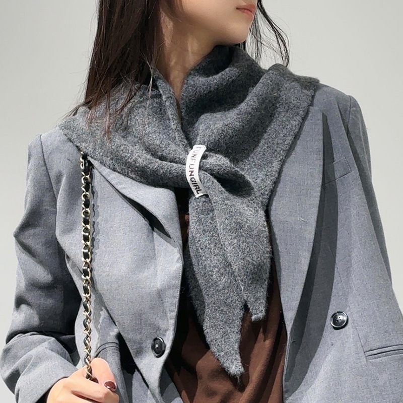 2-Piece Dark Grey Coffee Elegant Wool Blend Triangle Scarf - Luxurious Knit Shawl for Women (39 x 110cm)