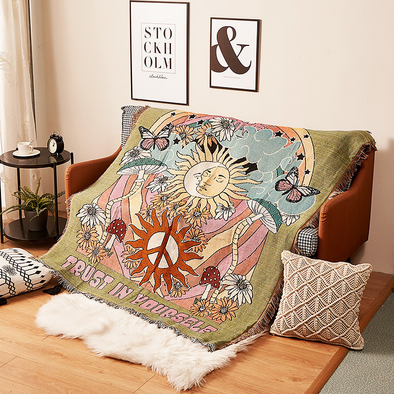 Humen Face Sun Artistic Jacquard Throw Blanket - American Style Illustrated Sofa Cover & Tapestry - 130 x 160cm