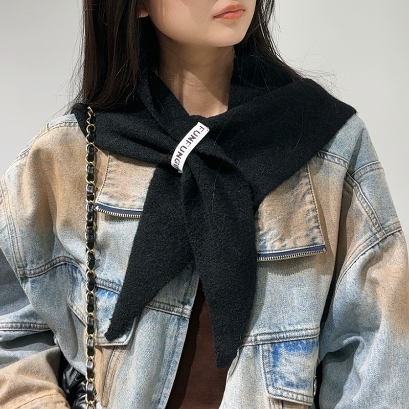 2-Piece Black Elegant Wool Blend Triangle Scarf - Luxurious Knit Shawl for Women (39 x 110cm)