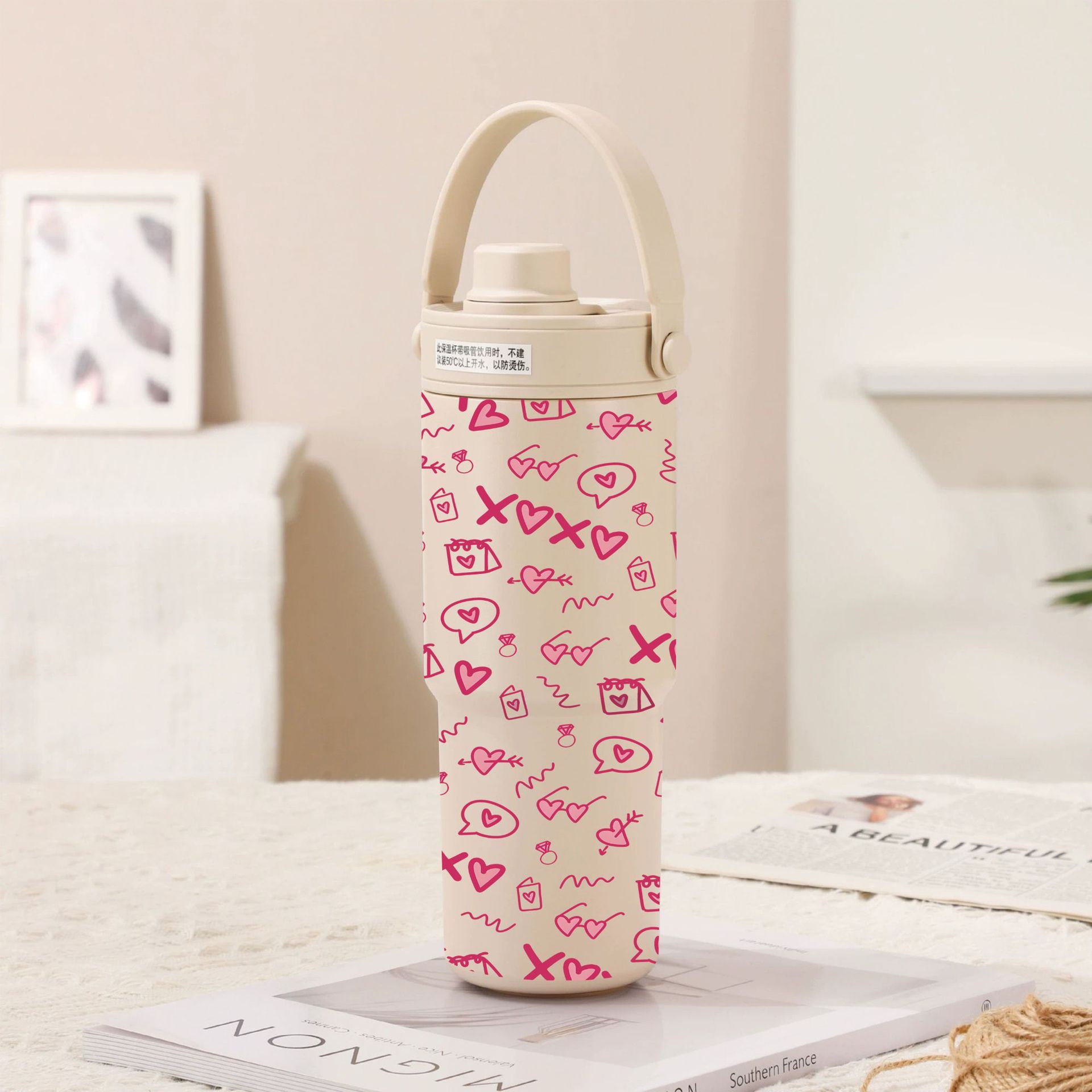 Light Cream Coffee - Pink Love 30oz Ceramic-Lined Insulated Tumbler with Handle, 735ml Stainless Steel Travel Mug
