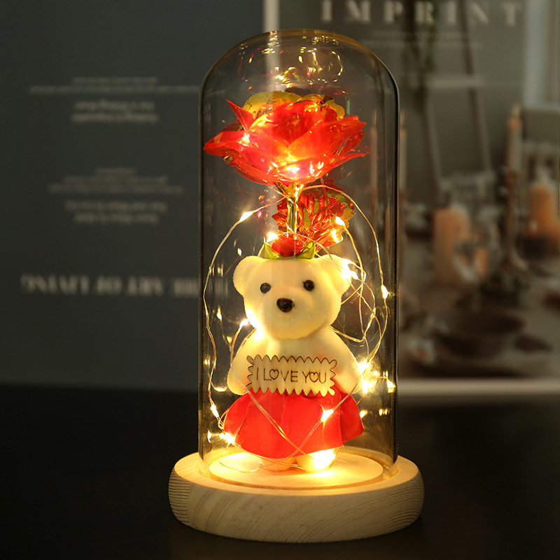 Enchanted Rose & Teddy Bear in Glass Dome with LED Lights - I Love You" Gift(Red)"