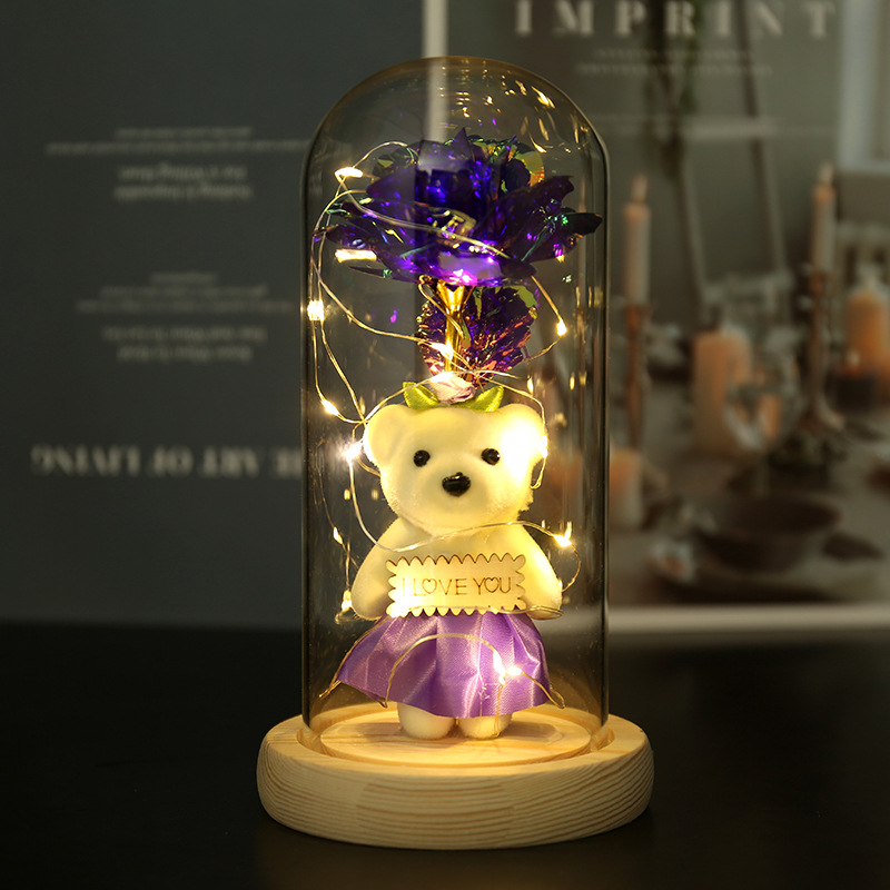 Enchanted Rose & Teddy Bear in Glass Dome with LED Lights - I Love You" Gift(purple)"