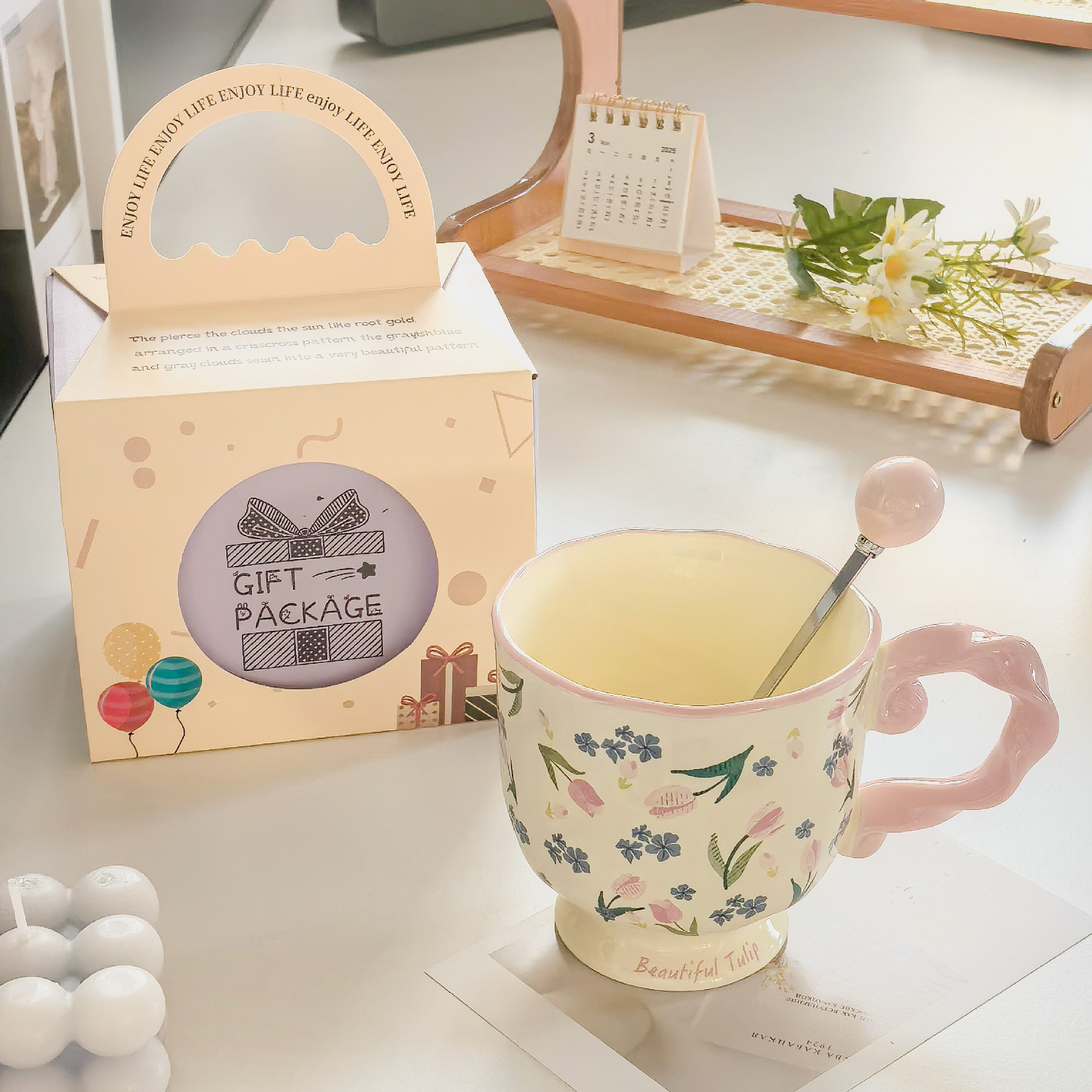 Elegant Ceramic Mug with Sculpted Handle,400ml Vintage Inspired Pedestal Design(Rose pink)