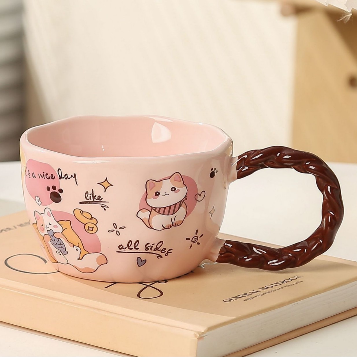 Whimsical Cat & Friends Ceramic Mug - 320ml with Unique Twisted Handle (pink)