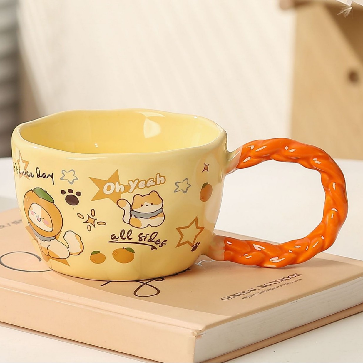 Whimsical Cat & Friends Ceramic Mug - 320ml with Unique Twisted Handle (Yellow)