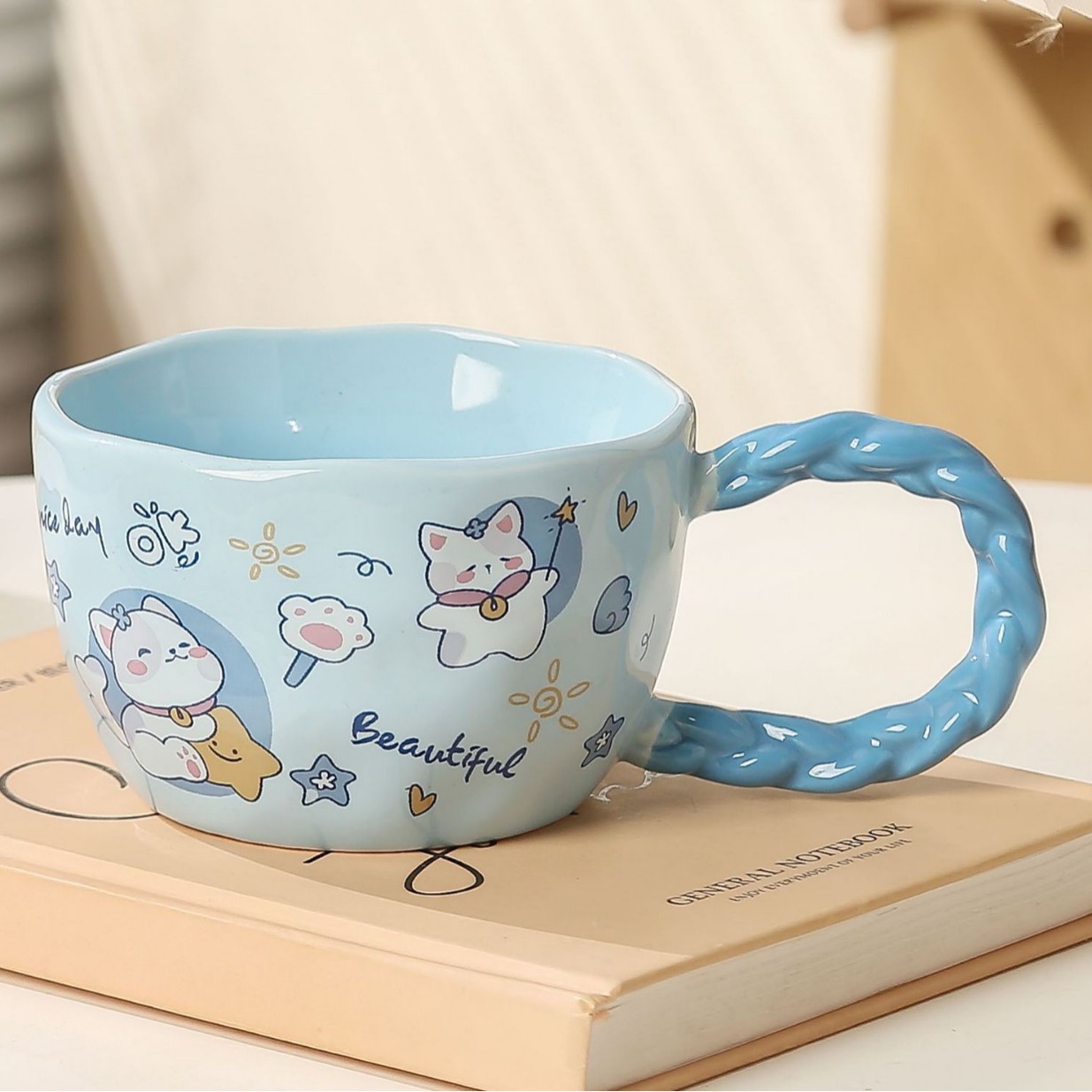 Whimsical Cat & Friends Ceramic Mug - 320ml with Unique Twisted Handle (Blue)