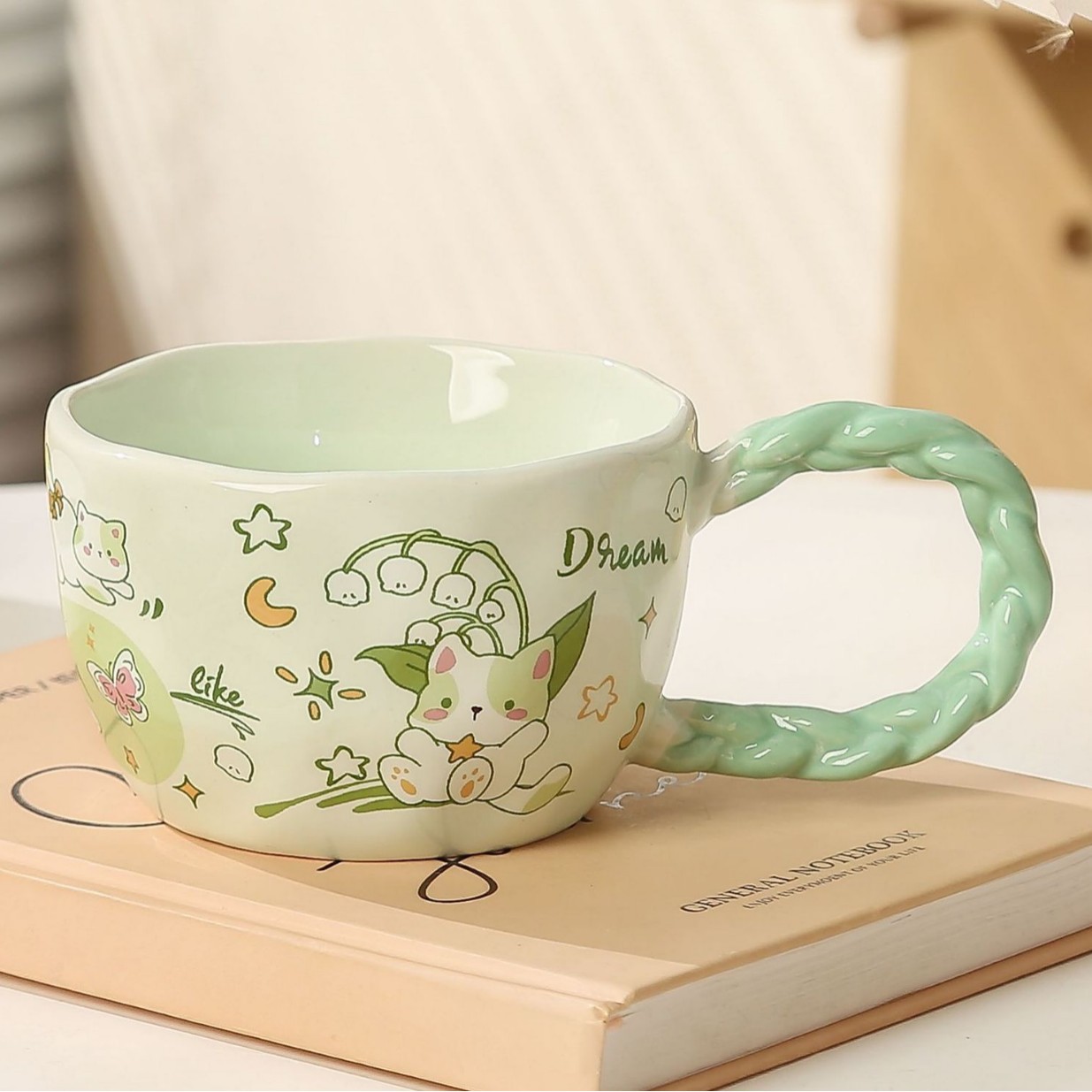 Whimsical Cat & Friends Ceramic Mug - 320ml with Unique Twisted Handle (Green)
