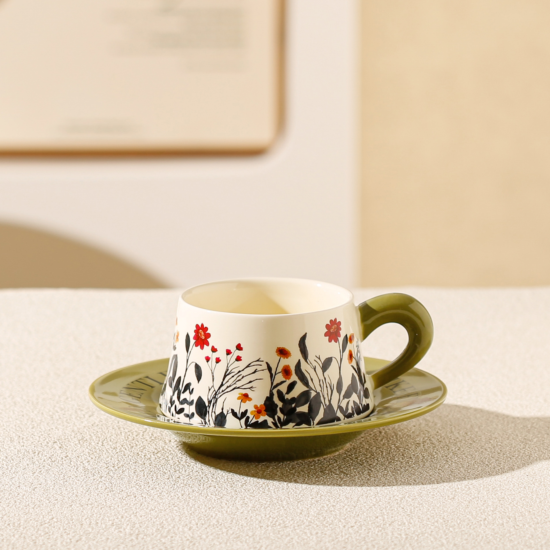 Vintage Floral Ceramic Coffee Cup & Saucer Set(Green disc - green sunflowers)