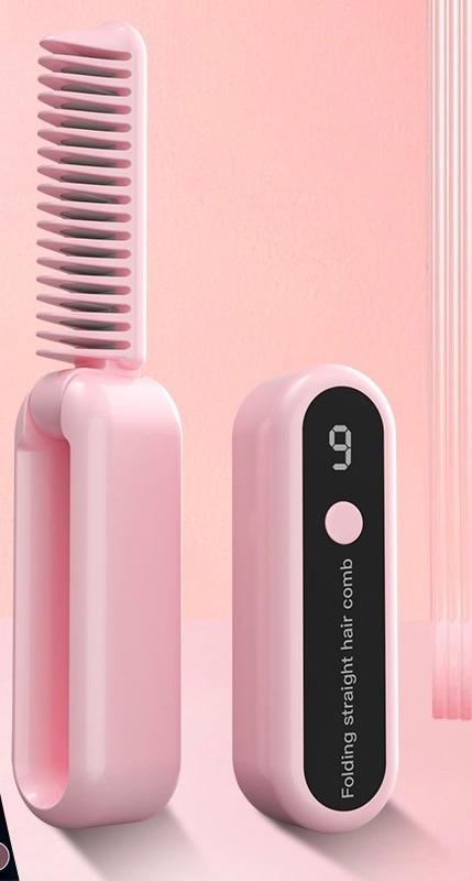 Foldable Wireless Hair Straightener Comb - 9 Temperature Settings, Anti-Scald, USB-C Rechargeable(pink)