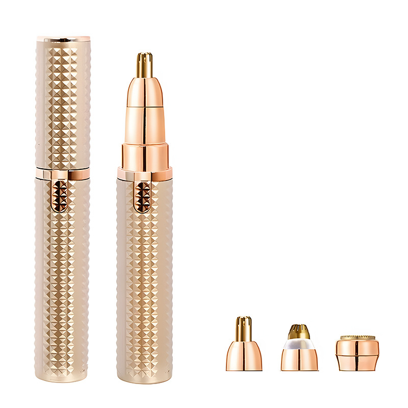 3-in-1 Rechargeable Electric Trimmer for Women - Nose, Eyebrow & Facial Hair Remover with Washable Heads & LED Light(Gold)
