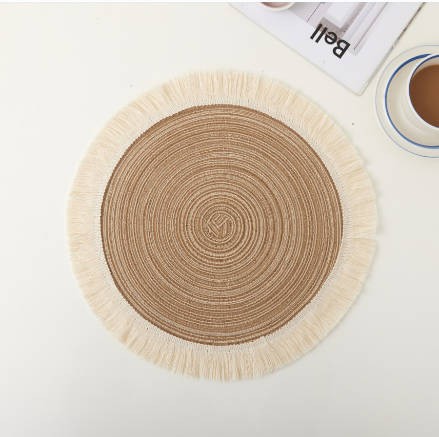 Brown Chic Round Woven Placemats with Tassel Fringe - Set of 4, Cotton Ramie Blend, Heat Resistant Table Mats
