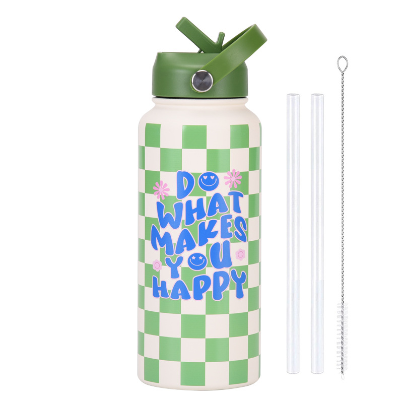 Style 23J Green and White Plaid Vibrant Fun Print 1L Stainless Steel Insulated Water Bottle - 32oz Large Capacity with Straw Lid & Carry Handle - BPA-Free