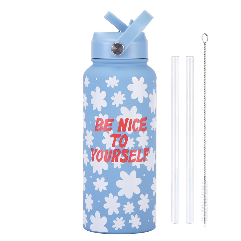 Style 19A Blue and White Plaid Vibrant Fun Print 1L Stainless Steel Insulated Water Bottle - 32oz Large Capacity with Straw Lid & Carry Handle - BPA-Free