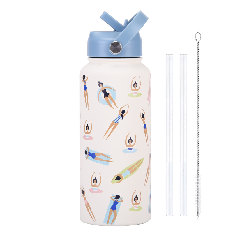 Style 23C White and Blue Vibrant Fun Print 1L Stainless Steel Insulated Water Bottle - 32oz Large Capacity with Straw Lid & Carry Handle - BPA-Free