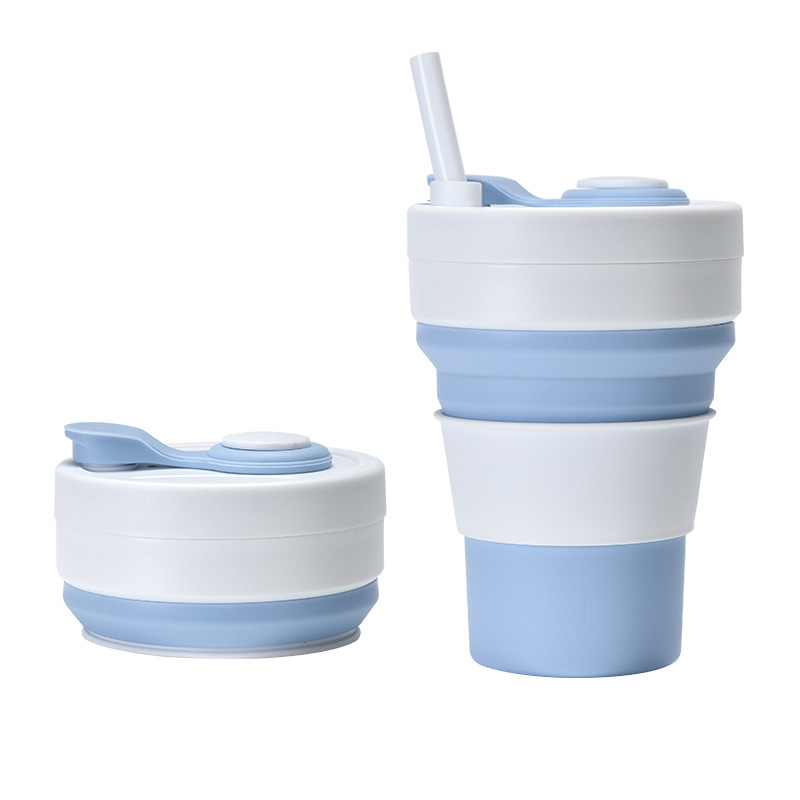 2 Pcs White and Blue 350ml Collapsible Silicone Travel Cup - Portable, Leak-Proof & Food-Grade Drinking Mug with Lid, Insulating Sleeve & Straw