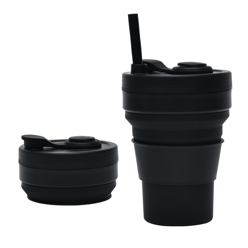 2 Pcs Black 350ml Collapsible Silicone Travel Cup - Portable, Leak-Proof & Food-Grade Drinking Mug with Lid, Insulating Sleeve & Straw