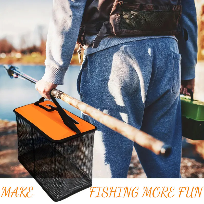 1 Piece Orange and Black Durable Collapsible Fishing Keepnet - Large 40.5L Quick-Dry Coated Nylon Fish Basket for Live Bait & Catch