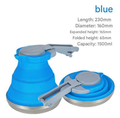 Blue 1.5L Collapsible Silicone Camping Kettle - Portable Foldable Travel Water Boiler, Stainless Steel Base