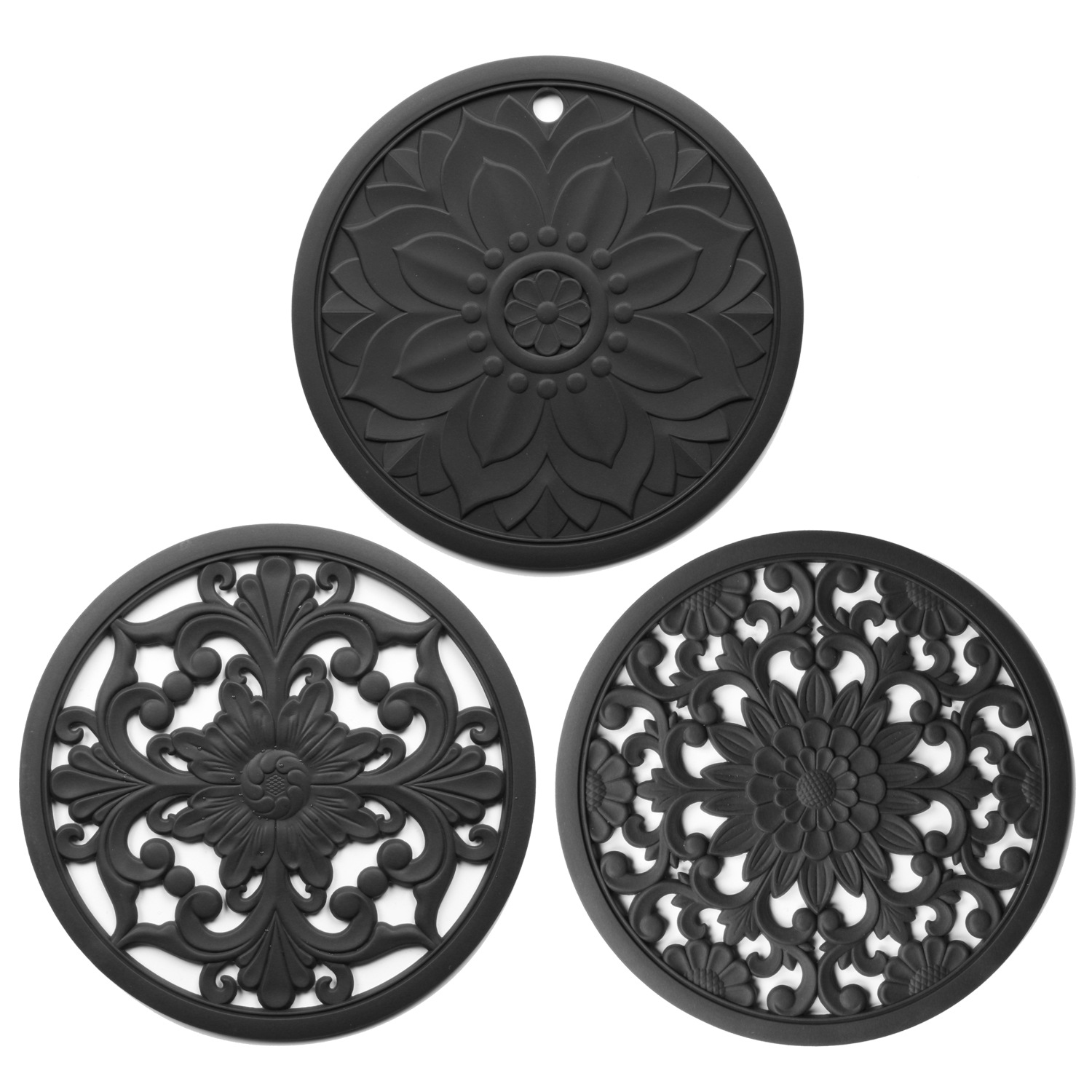 Elegant Floral Silicone Trivet Mat Set (3-Pack, Black) - Heat Resistant, Non-Slip Kitchen Hot Pads & Pot Holders