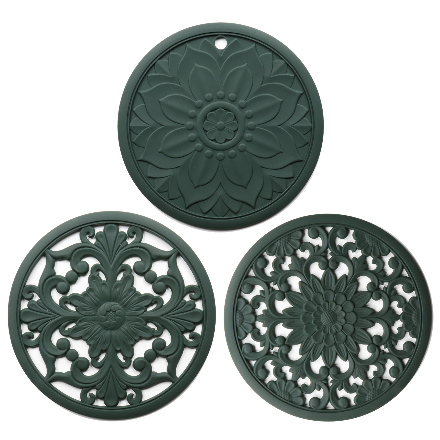 Elegant Floral Silicone Trivet Mat Set (3-Pack, Dark Green) - Heat Resistant, Non-Slip Kitchen Hot Pads & Pot Holders