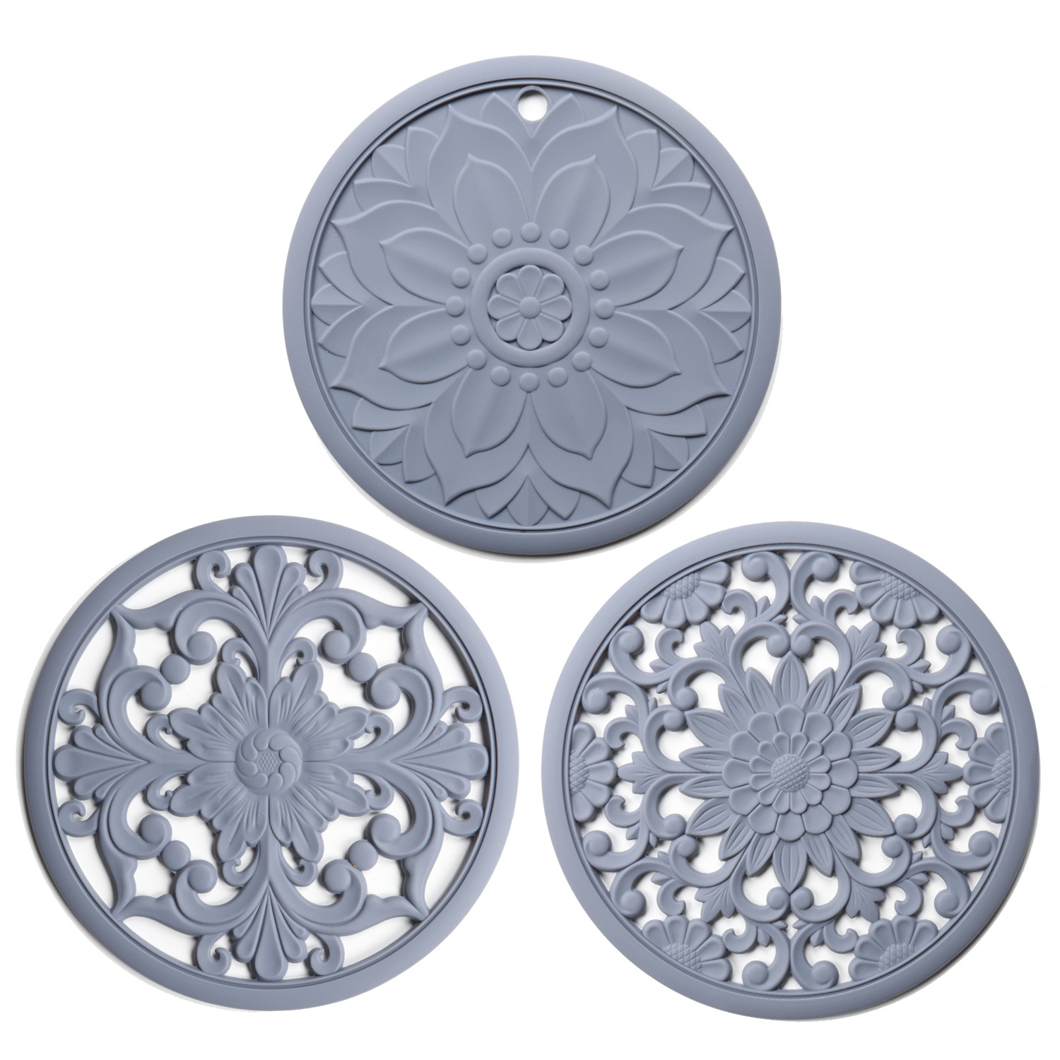 Elegant Floral Silicone Trivet Mat Set (3-Pack, Grey) - Heat Resistant, Non-Slip Kitchen Hot Pads & Pot Holders