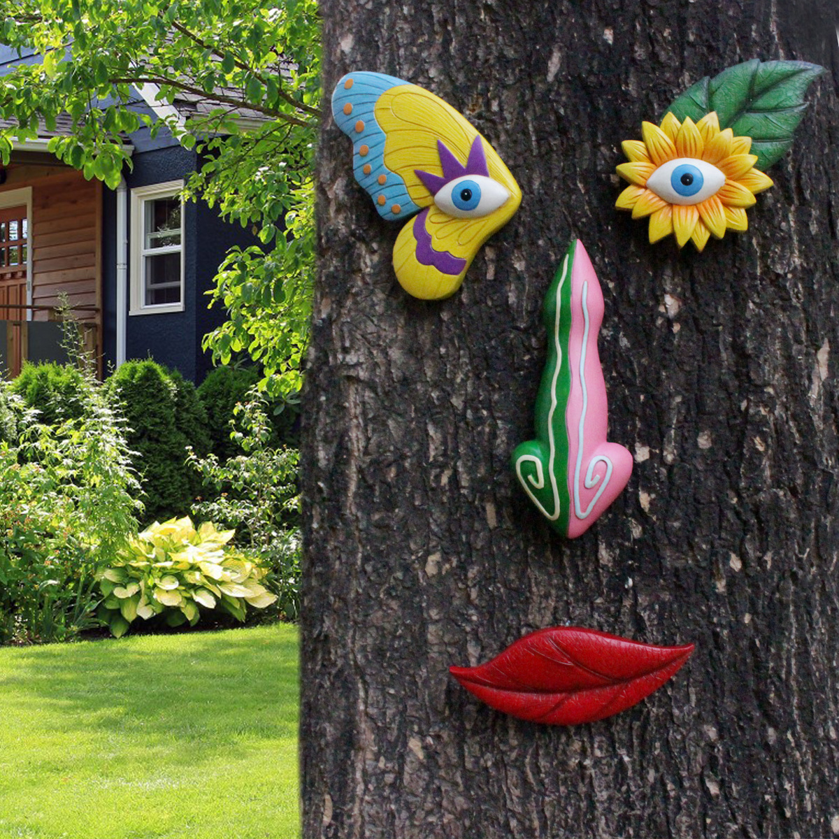 Colorful Vibrant Resin Tree Face Art - 4 Piece Whimsical Outdoor Garden & Wall Decor Set