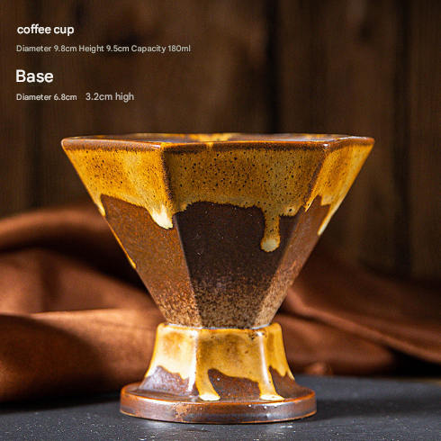 Brown and Gold Artistic Hexagonal Ceramic Coffee Cup & Stand Set - 180ml Nordic Design Drip Glaze Mug