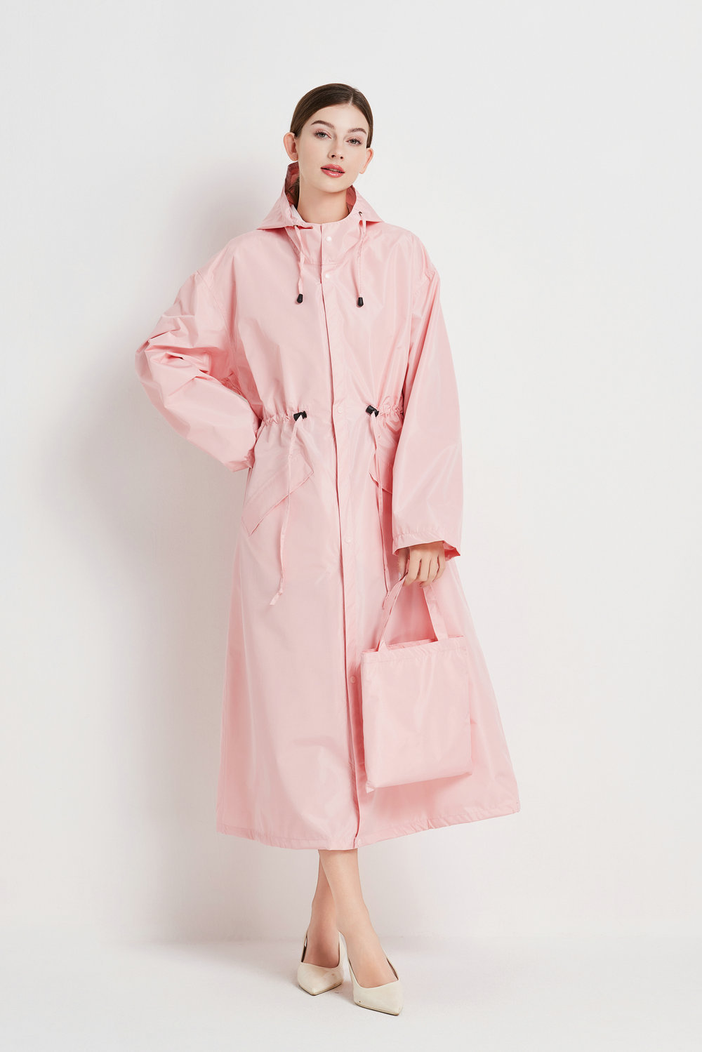 Size L Pink Women's Chic Lightweight Waterproof Raincoat - Long Hooded Packable Rain Jacket with Pouch