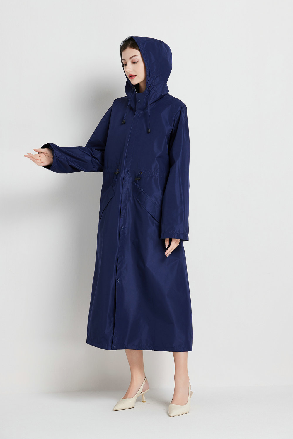 Size L Dark Blue Women's Chic Lightweight Waterproof Raincoat - Long Hooded Packable Rain Jacket with Pouch