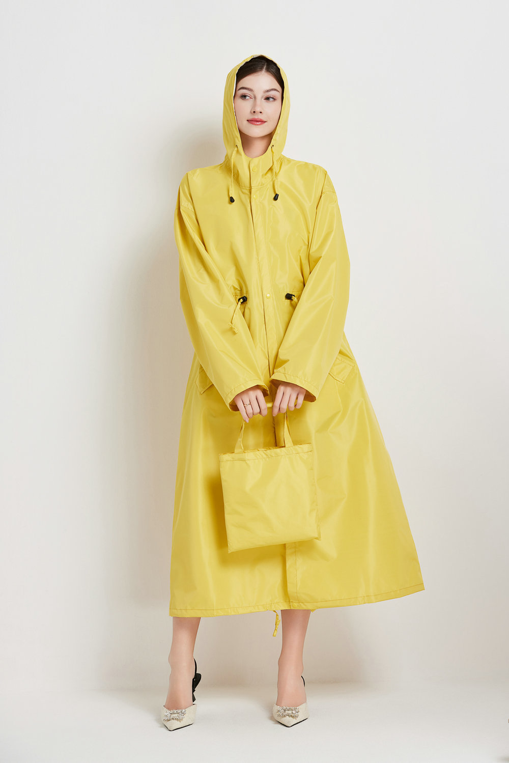 Size XL Yellow Women's Chic Lightweight Waterproof Raincoat - Long Hooded Packable Rain Jacket with Pouch