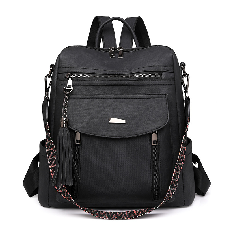 Black Chic Women's PU Leather Convertible Backpack - Anti-Theft Design, Multi-Pocket Shoulder Bag with Tassel