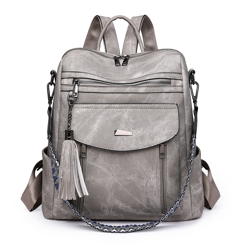 Grey Chic Women's PU Leather Convertible Backpack - Anti-Theft Design, Multi-Pocket Shoulder Bag with Tassel