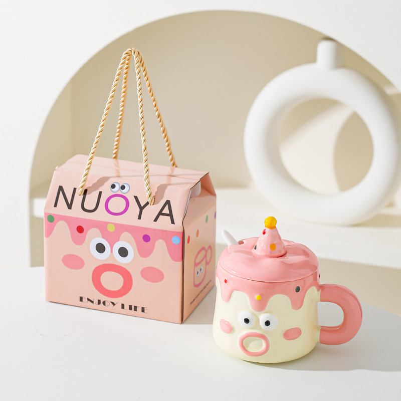 Pink Adorable Cartoon Character Ceramic Mug Set - 420ml with Fun Cake Design Lid & Matching Spoon - Perfect Gift