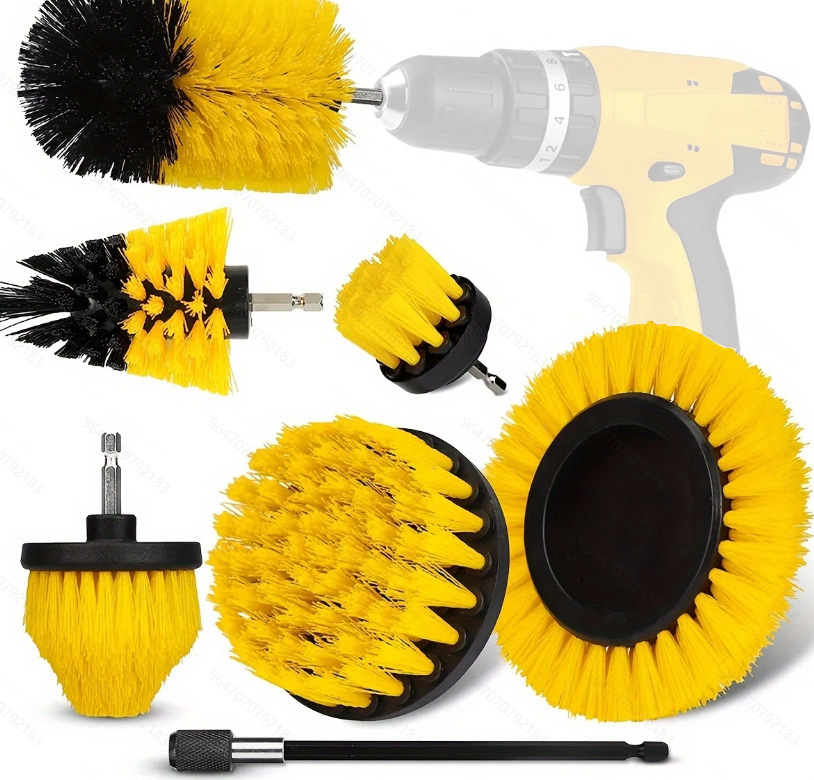 Yellow and Black Complete 7-Piece Drill Brush Power Scrubber Set - All-Purpose Cleaning Kit for Bathroom, Tile, Car Detailing & More