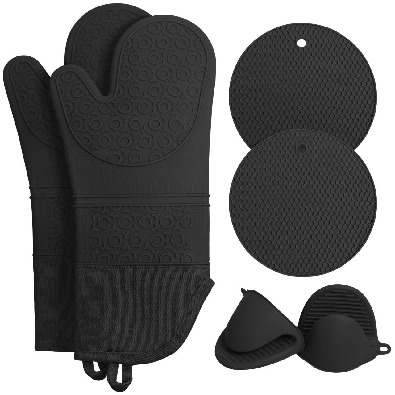 Black 6-Piece Silicone Oven Mitts and Pot Holders Set - Extra Long Waterproof Heat Resistant Gloves with Non-Slip Grip for Kitchen Baking BBQ