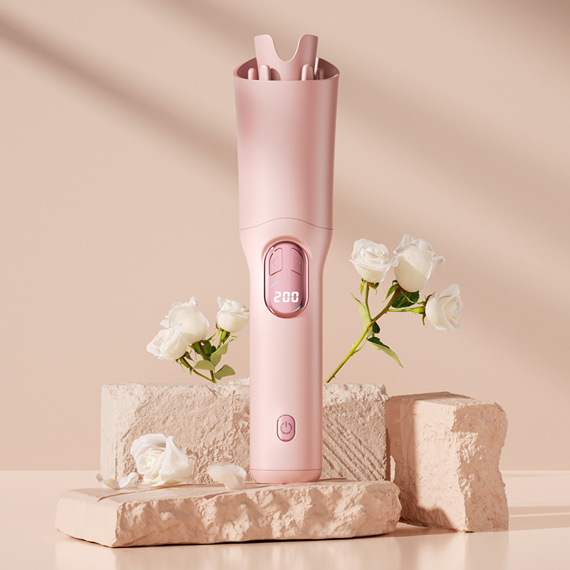 Pink Portable Cordless Hair Curler - USB-C Rechargeable Automatic Hair Waver with Ceramic Barrel & Anti-Scald Design