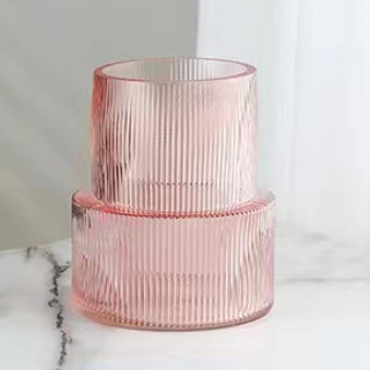 Pink Modern Two-Tier Ribbed Glass Vase - Elegant Cylindrical Flower Centrepiece for Home Decor