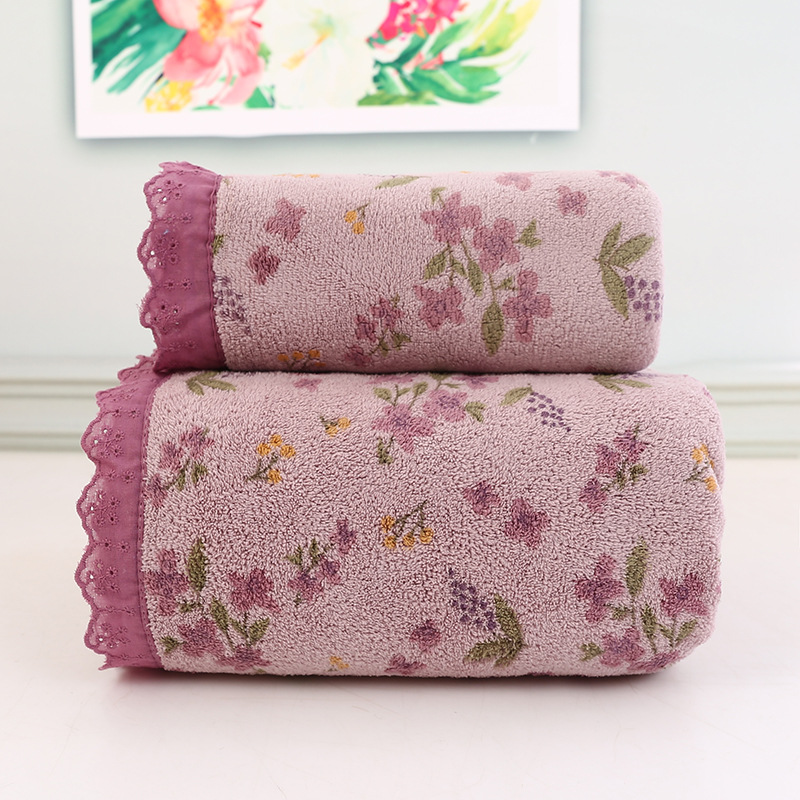 Purple Vintage Floral Lace Trim Towel Set - Ultra Soft Absorbent Coral Fleece Bath & Face Towel