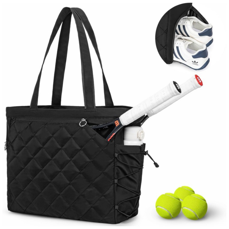 Black Large Quilted Tennis Tote Bag with Shoe Compartment - Waterproof Lightweight for Men and Women