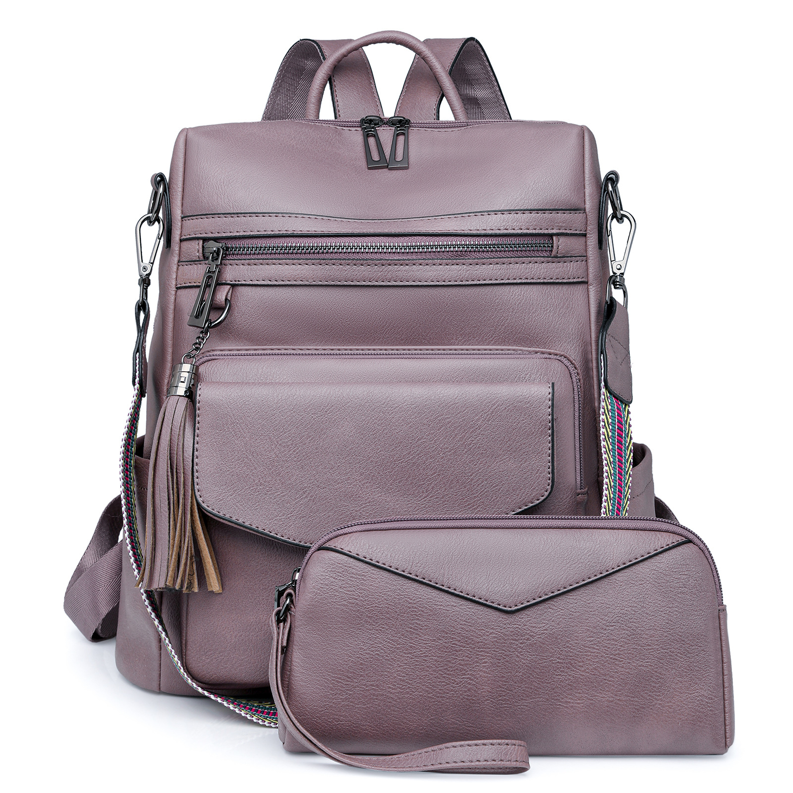 Light Purple Women's Retro PU Leather Backpack - Dual-Color Tassel Design, Winter High-End Style