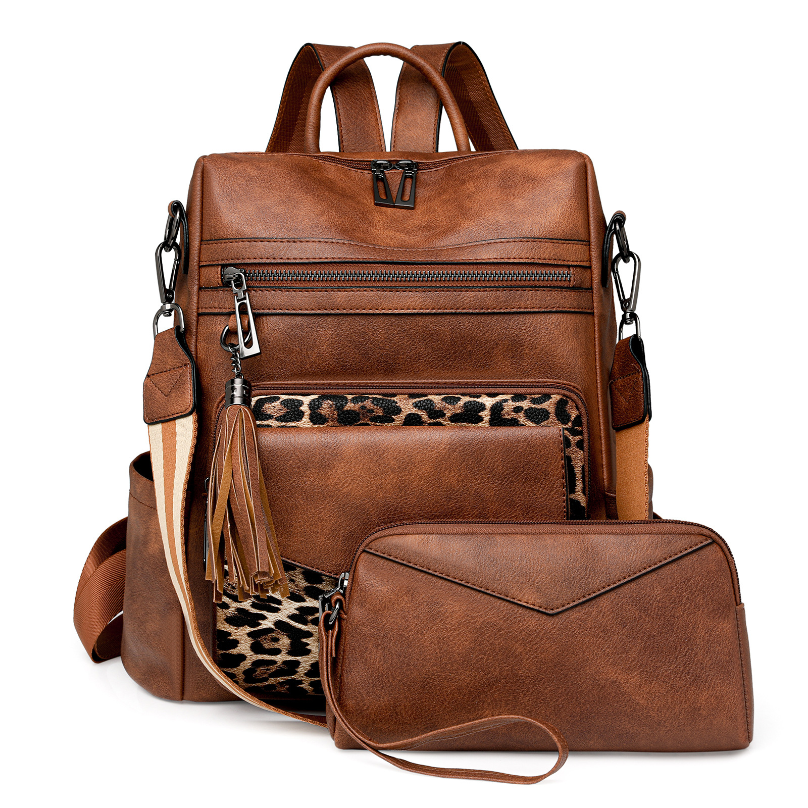 Brown with Leopard Print Women's Retro PU Leather Backpack - Dual-Color Tassel Design, Winter High-End Style