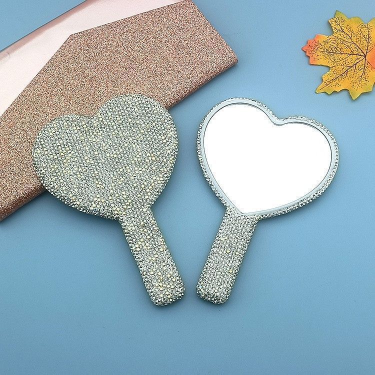2PCS White Glamorous Diamond-Encrusted Heart Handheld Mirror - Luxe High-Definition Makeup Essential