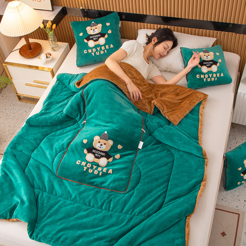 Dark Green Padded Thickened Hat Bear 2-in-1 Foldable Car Pillow Blanket - Cozy 40x40cm Pillow, Unfolds to 100x150cm Blanket for Travel and Office Naps